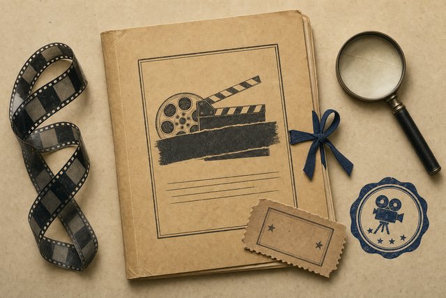 Illustrated case file with a film reel, clapperboard stamp, and ticket stub