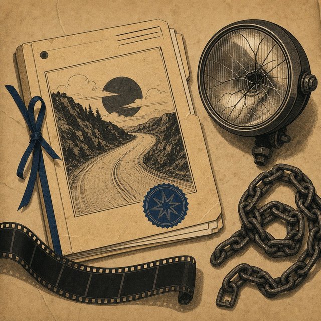 Illustrated case file beside a cracked motorcycle headlight and a coiled length of chain
