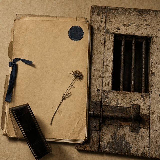 Illustrated case file beside a barred wooden door and a wilted flower