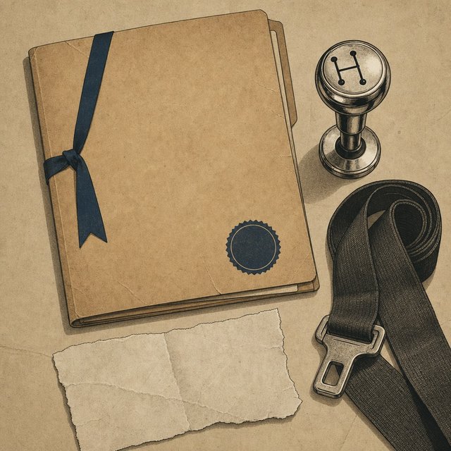 Illustrated case file beside a chrome gearshift knob and a coiled seatbelt strap