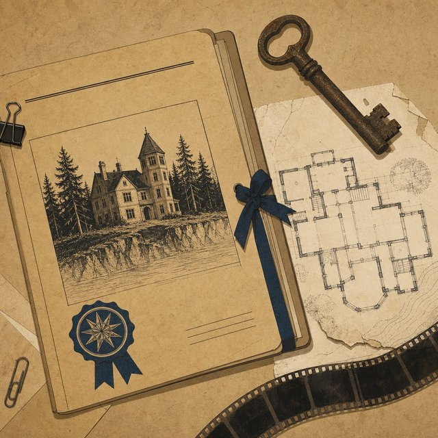 Illustrated case file beside a rusted iron key and a torn architectural floor plan