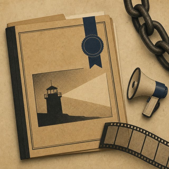Illustrated case file beside a heavy chain-link fragment and a small toy megaphone