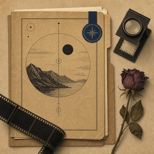 Illustrated case file beside a vintage contact-sheet loupe and a single wilted rose
