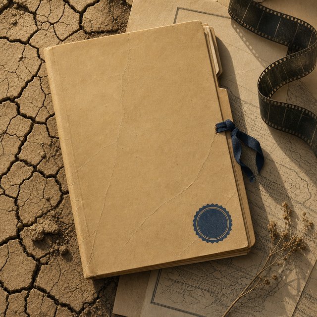 Illustrated case file resting on cracked, sun-dried earth