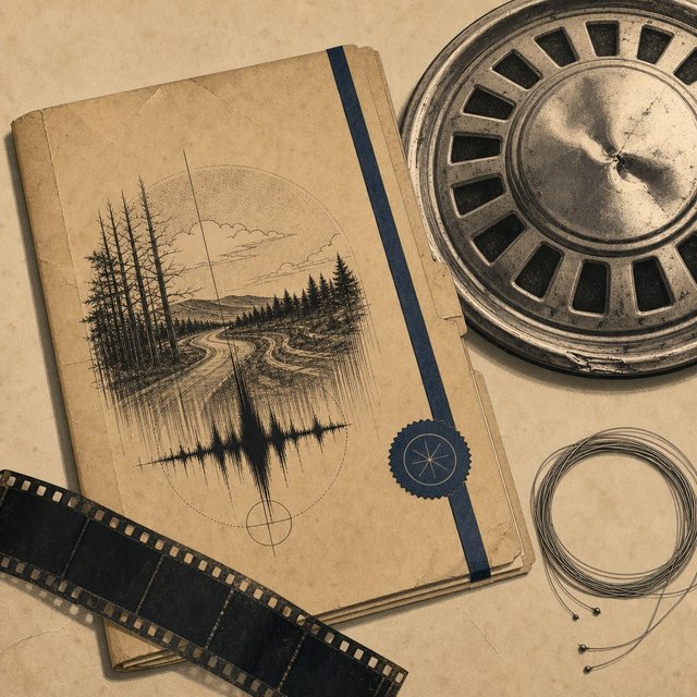 Illustrated case file beside a dented chrome hubcap and a coiled violin string