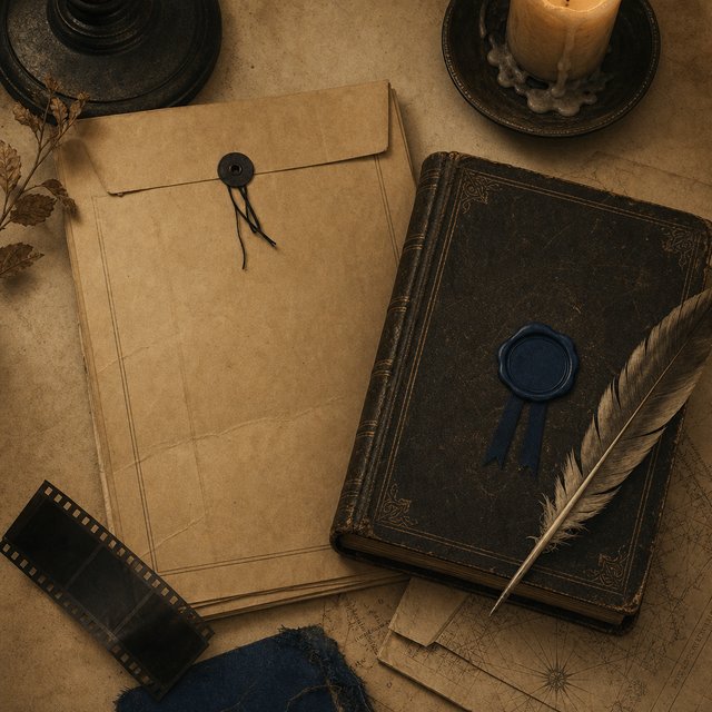Illustrated case file beside a closed spellbook and a quill