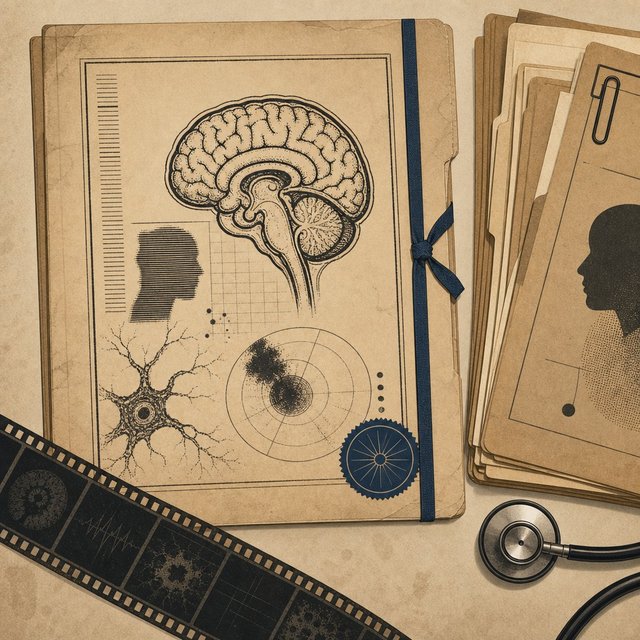 Illustrated case file beside a stack of case folders and a stethoscope fragment