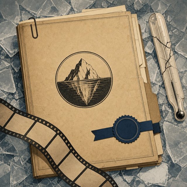 Illustrated case file resting on a bed of shattered ice shards beside a cracked thermometer