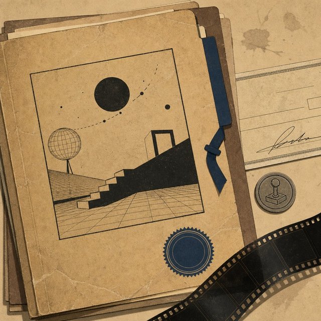 Illustrated case file beside a signed blank check fragment and a toy arcade token