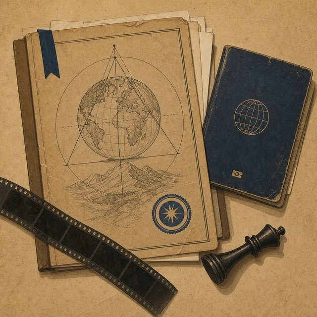 Illustrated case file beside a worn passport and a single chess piece resting on its side