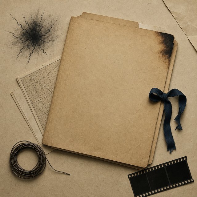 Illustrated case file with a scorch mark and a coiled wire