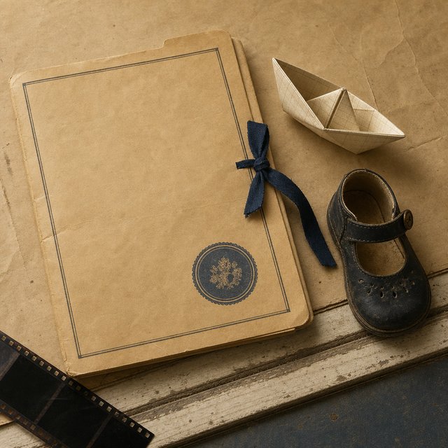Illustrated case file beside a paper boat and a child's shoe