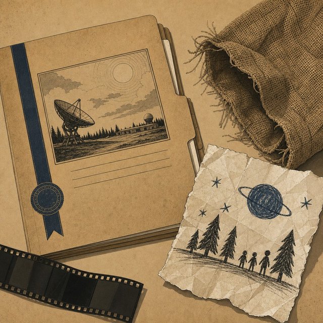 Illustrated case file beside a torn burlap sack and a single crumpled child's drawing