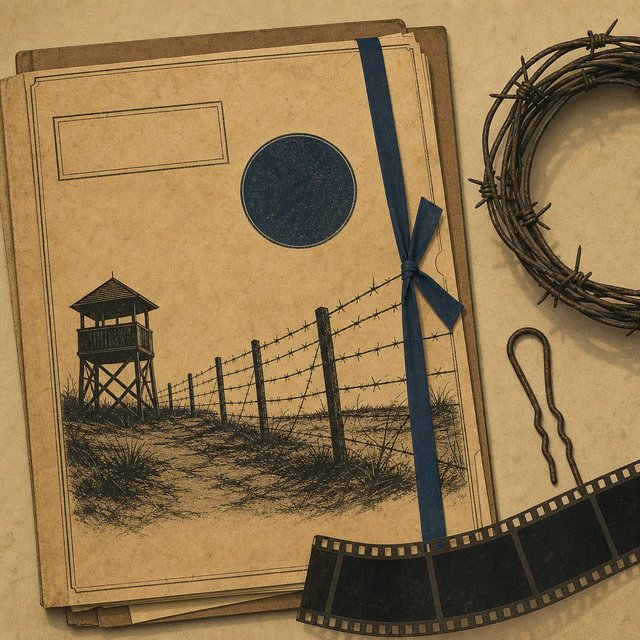 Illustrated case file beside a rusted hairpin and a coil of barbed wire