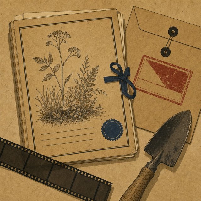 Illustrated case file beside a returned envelope stamped in red ink and a garden trowel