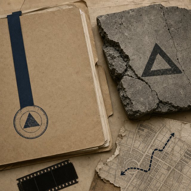 Illustrated case file beside a fractured concrete wall fragment