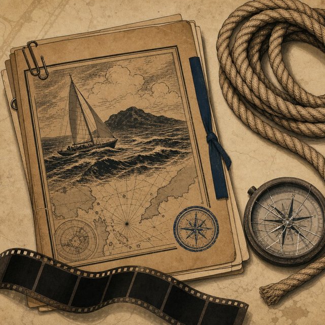 Illustrated case file beside a coiled sailing rope and a cracked ship's compass