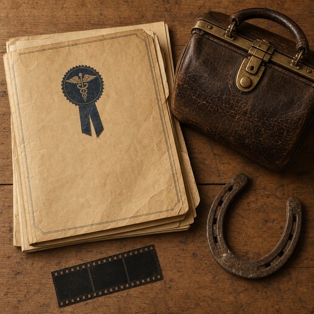 Illustrated case file beside a vintage medical bag and a horseshoe