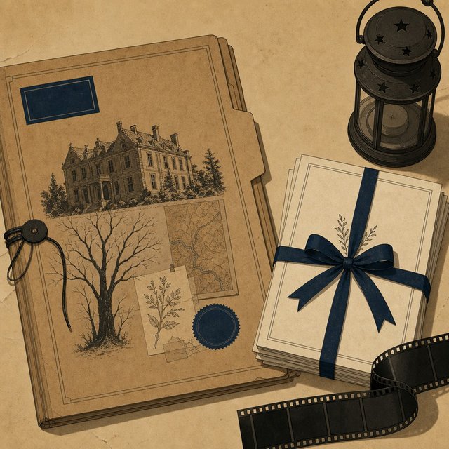 Illustrated case file beside a stack of unopened wedding invitations and a small tin lantern