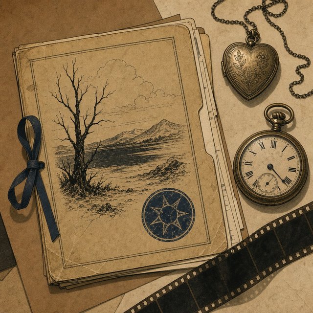 Illustrated case file beside a tarnished heart-shaped locket and a stopped pocket watch