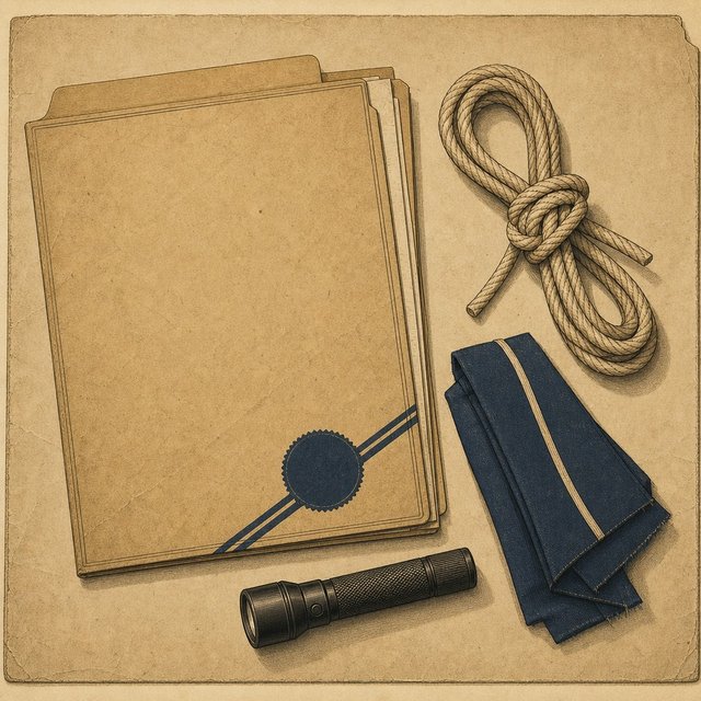 Illustrated case file beside a coiled rope tied in a clove-hitch knot and a folded merit-badge sash fragment