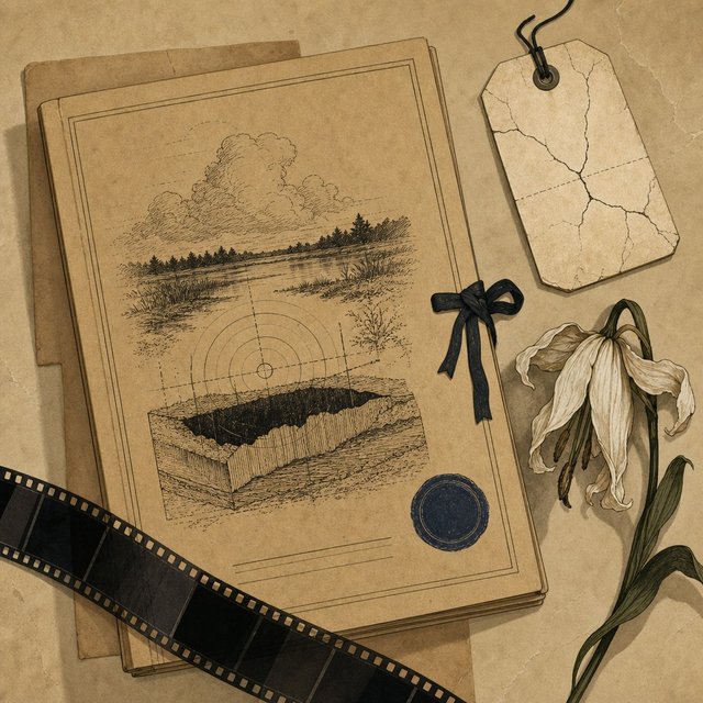Illustrated case file beside a cracked mortuary tag and a single wilted white lily