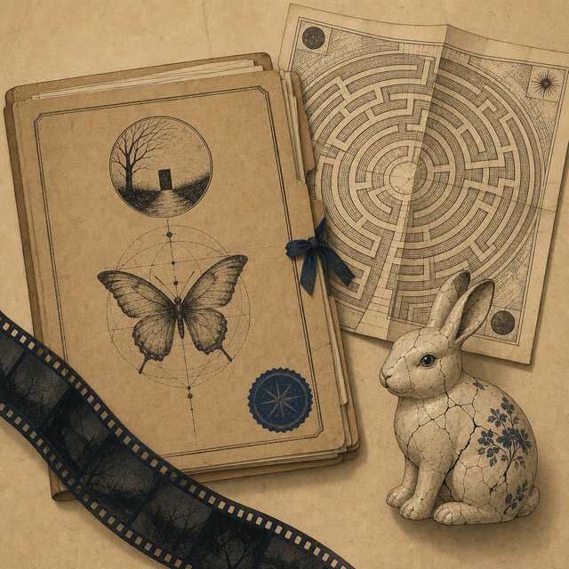 Illustrated case file beside a folded labyrinth map and a cracked porcelain rabbit figurine