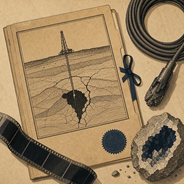 Illustrated case file beside a cracked geode fragment and a coiled length of drill cable