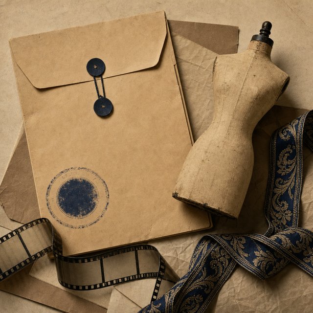 Illustrated case file beside a vintage dress-form mannequin and ribbon