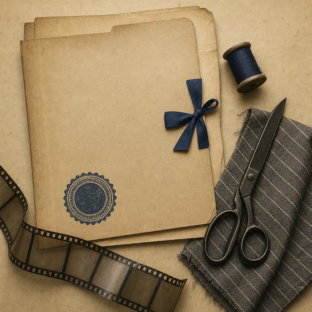 Illustrated case file beside a sewing spool and tailor's scissors