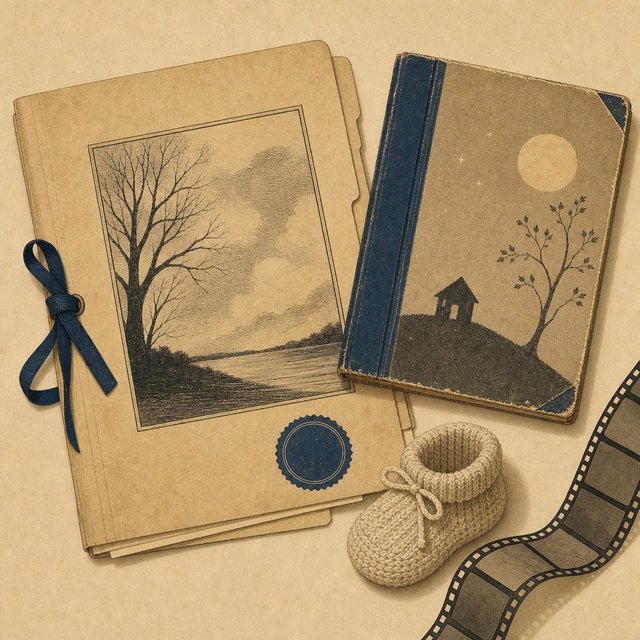 Illustrated case file beside a well-worn picture book and a single knitted baby bootie