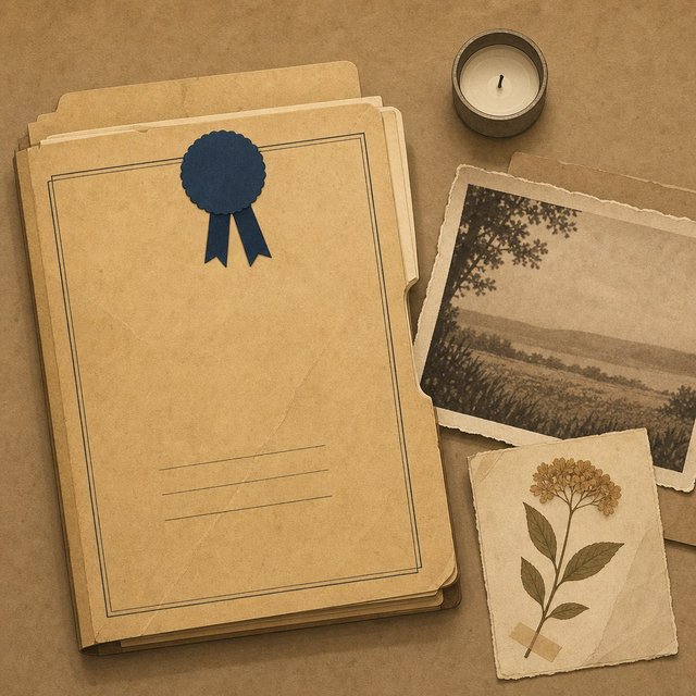 Illustrated case file beside an old sepia-toned photograph fragment and a small unlit candle