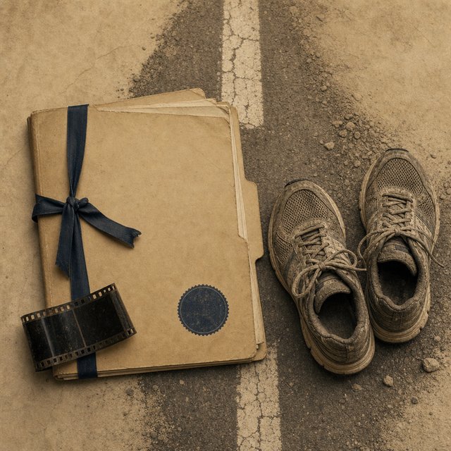 Illustrated case file beside a pair of worn running shoes on a dirt road