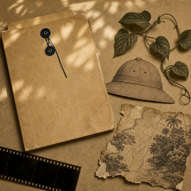 Illustrated case file beside a coiled vine and a weathered pith-helmet silhouette
