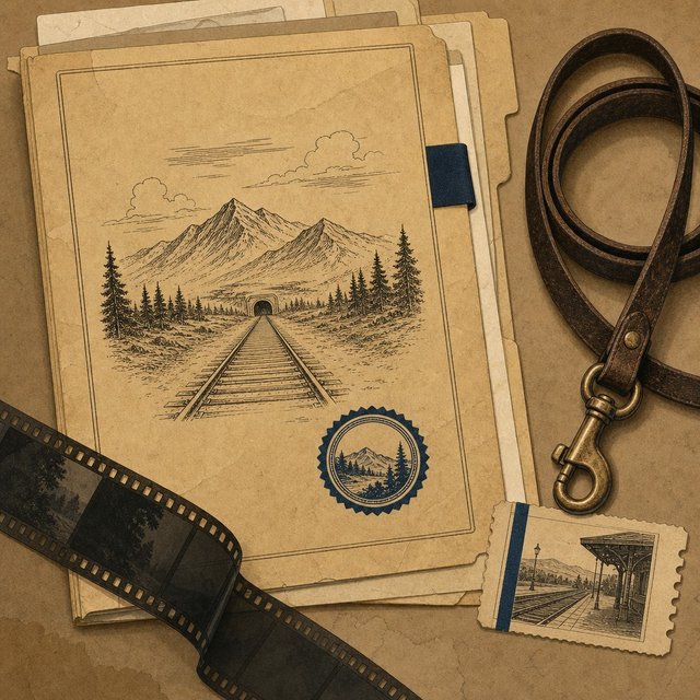 Illustrated case file beside a worn leather leash and a small train-station ticket stub