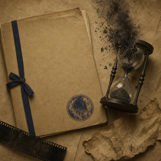 Illustrated case file beside a cracked hourglass with drifting ash