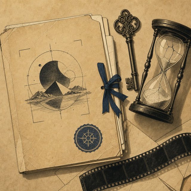Illustrated case file beside an ornate antique key and a cracked hourglass filled with pale sand