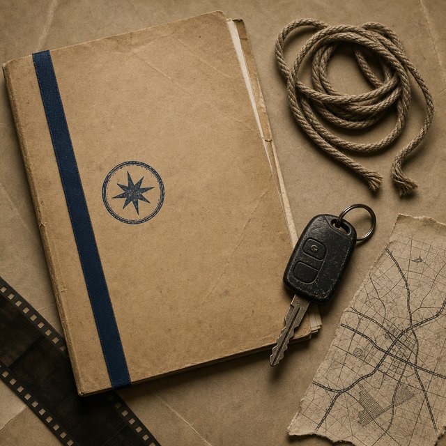 Illustrated case file beside a car key fob and coiled rope