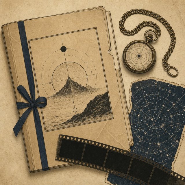 Illustrated case file beside a coiled brass pocket watch chain and a torn star-chart fragment