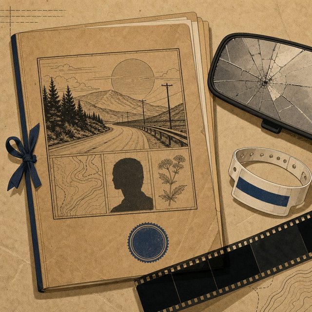 Illustrated case file beside a cracked rearview mirror fragment and a folded hospital wristband