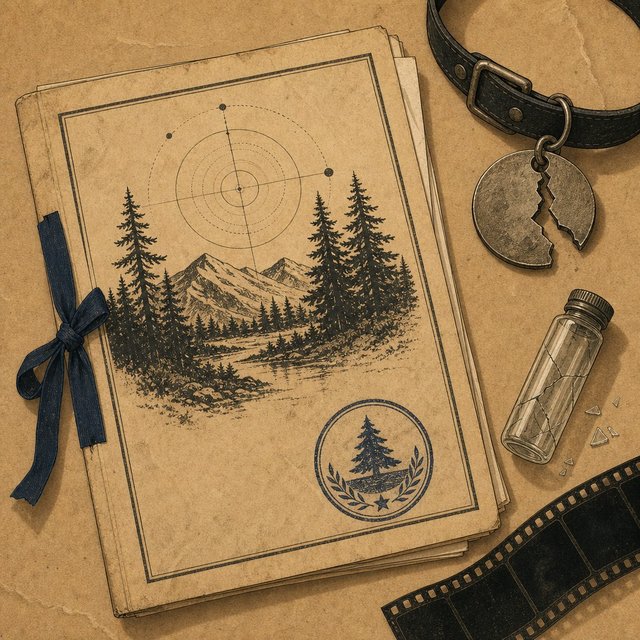 Illustrated case file beside a torn dog collar tag and a cracked glass vial