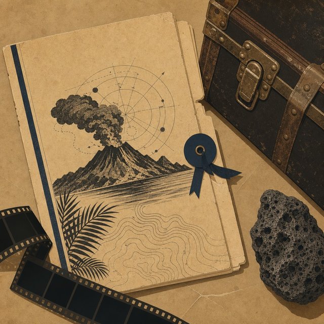 Illustrated case file beside a weathered steamer trunk buckle and a piece of volcanic rock