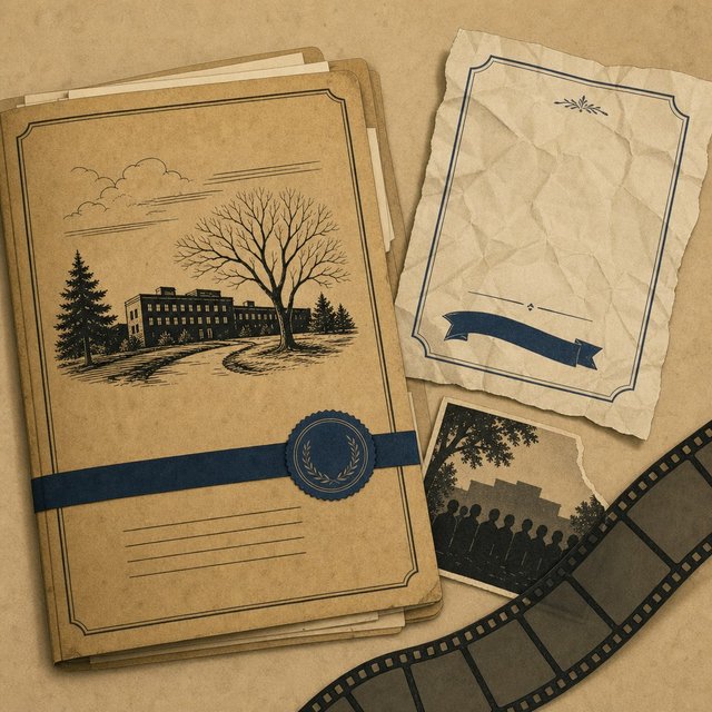 Illustrated case file beside a crumpled reunion invitation and a torn yearbook photo corner