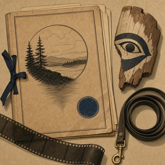 Illustrated case file beside a chipped wooden mask fragment and a coiled dog leash