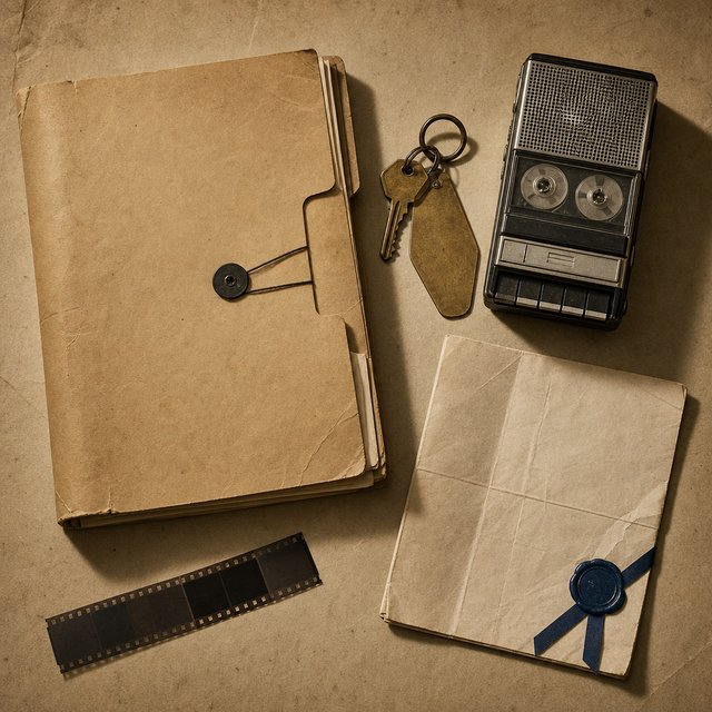 Illustrated case file beside a brass hotel key and a vintage tape recorder