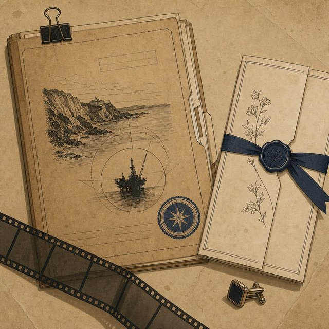 Illustrated case file beside a folded wedding invitation and a single detached shirt cufflink