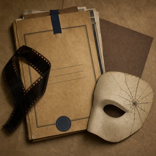 Illustrated case file beside a masquerade mask fragment