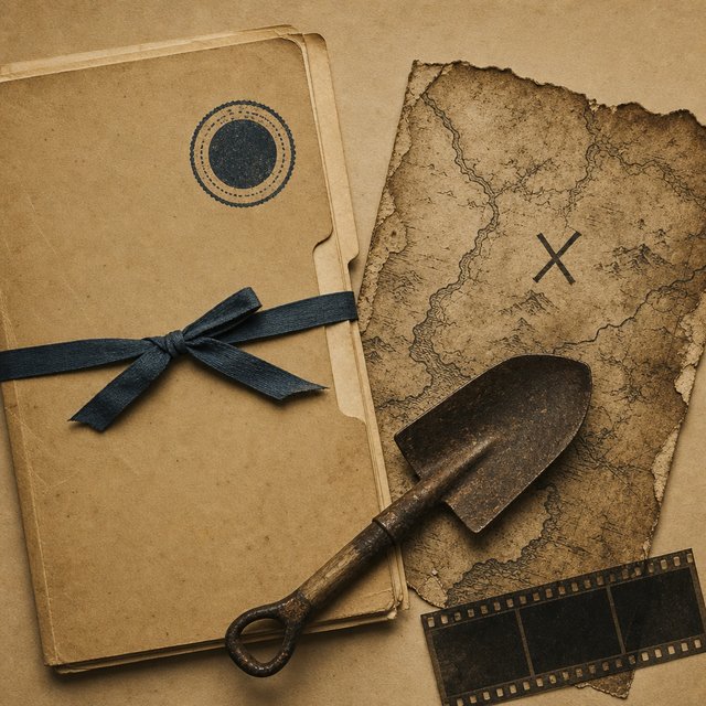 Illustrated case file beside a weathered treasure map and a small shovel