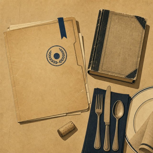 Illustrated case file beside a worn hardcover novel and a set of place-setting cutlery