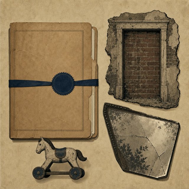 Illustrated case file beside a bricked-over attic doorway and a tarnished mirror fragment